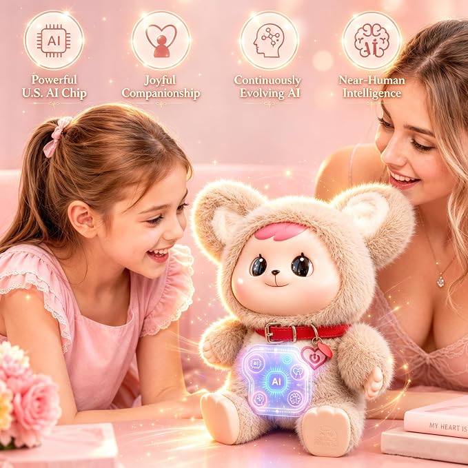 AI Powered Plush Bear Interactive Toy American Smart Voice Chat Human Like 91 Languages Communicable Companion Stuffed Animal Doll for Kids Learning Gift