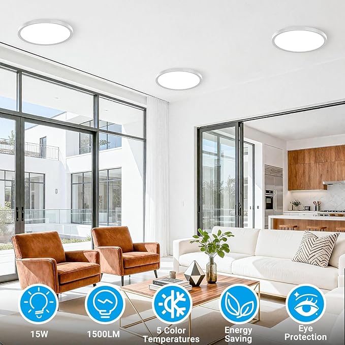 2 Pack LED Flush Mount Ceiling Light,7Inch 15W,3000K/3500K/4000K/5000K/6500K 5 Color Temperatures Ceiling Light Fixture for Kitchen Porch Hallway Bedroom Bathroom and Closet,Brushed Nickel
