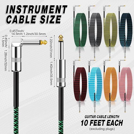 Rigibright 8 Pack 10FT Instrument Cable - Guitar, Bass, Keyboard, Microphone & Mixer Amp Cord (8, Multicolored, 10 Feet)