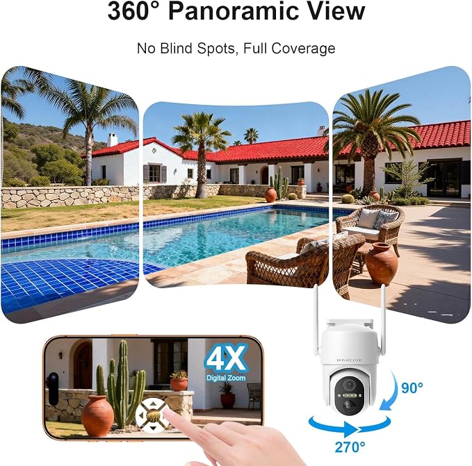 Solar Security Cameras Wireless Outdoor, Free Cloud Storage, WiFi Cameras for Home Security, 360° View Outdoor Camera Wireless, 2K Color Night Vision, AI Motion Detection, Instant Alert, 2-Way Audio