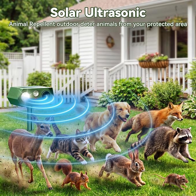2026 Upgraded Solar Ultrasonic Animal Repeller Outdoor, Waterproof Motion Activated Repellent with Flash Light for Deer Cat Squirrel Raccoon Rabbit Dog Garden Yard (4 Pack)