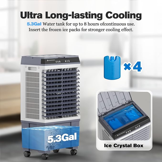 Swamp Cooler Air Conditioner, Portable Evaporative Cooler 5 Gal Water Tank | 1700 CFM, 120° Oscillation, 3 Speeds&Modes,12H Timer, Remote&Touch, for Garage, Large Room, Dry Climate