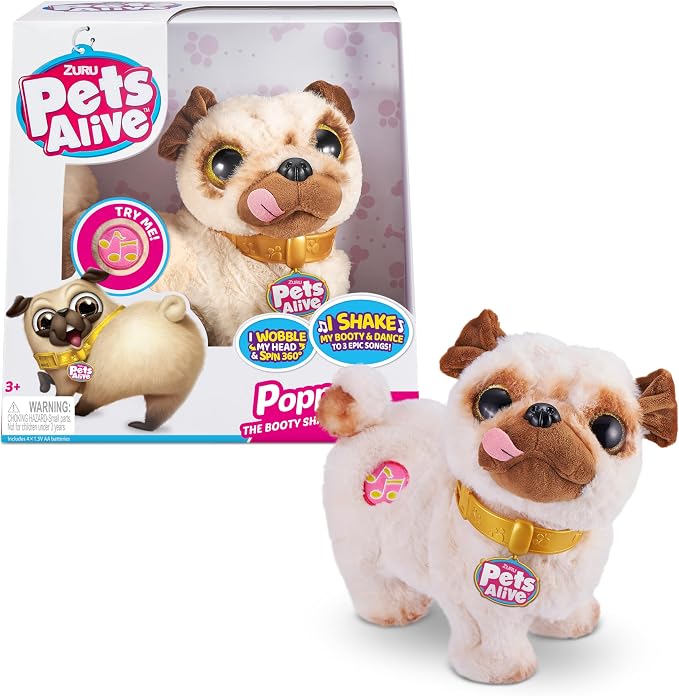 Pets Alive Poppy The Booty Shakin’ Pug – Interactive Dancing Plush Puppy by ZURU Robotic Realistic Soft Dog Stuffed Animal Toy for Kids, Girls