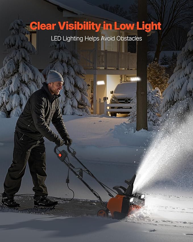 VEVOR Corded Electric Snow Blower, 20 inch 15A Snow Thrower with Dual LED Headlights & 180° Rotating Chute, 25FT Throwing Distance, 12" Depth Clearing, Walk-Behind Snowblower for Driveway Sidewalk