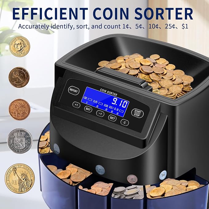 Coin Counter and USD Coin Sorter with LCD Display, Automatic Change Counter for 1￠ 5￠ 10￠ 25￠ $1, 270 Coins/min, 300-Coin Capacity, Coin Sorter and Wrapper Machine for Fast & Accurate Sorting