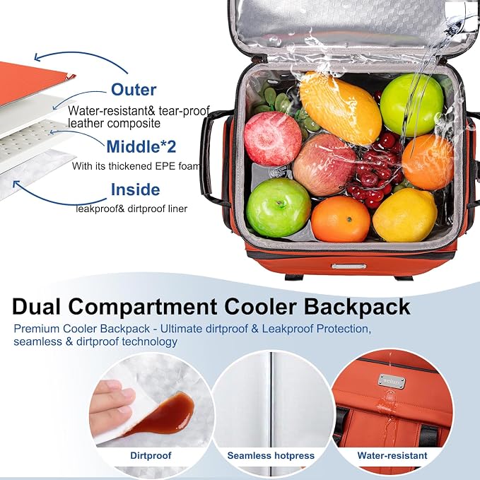 Weitars Insulated Cooler Backpack,Double Deck Waterproof Soft Cooler Bag,Backpack Coolers Leak Proof Lunch Backpack for Men Women for Travel,Camping,Picnic,Beach,Picnic,Outdoor 31L/52 Can