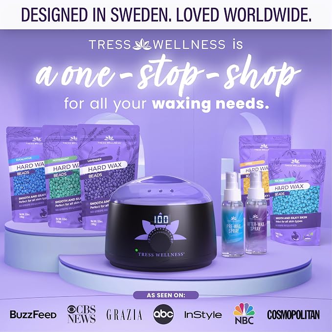 Tress Wellness Award Winning Waxing Kit for Sensitive Skin, Safe for Face & Skin, Easy to Use, At-Home Kit for Face, Bikini, Brazilian & Full Body - Digital Display, Black Purple Flower