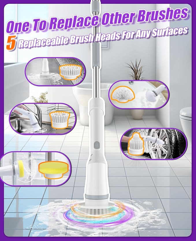 Electric Spin Scrubber, Cordless Shower Scrubber with 5 Replaceable Heads & Adjustable Extension Handle, 2 Speeds & IPX7 Waterproof Cleaning Brush for Bathroom Floor Tile and Grout, White-tb1