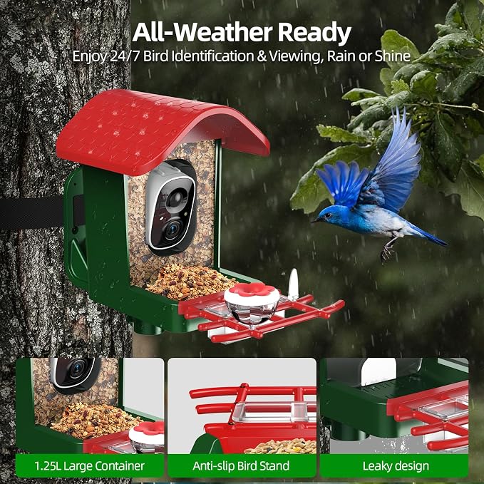 3K HD Smart Bird Feeder with Camera, 2.4GHz WiFi Solar Powered Smart Feeder, AI Bird Species Identification & Real-Time App Alerts, Chew-Proof & Waterproof for Outdoors-1