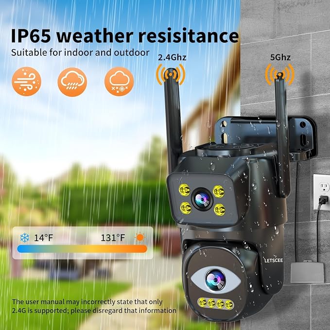 LETSCEE Dual Lens WiFi Security Camera Outdoor, 2.4G/5G PTZ Outdoor Plug-in Camera Auto Tracking,Home Security Surveillance System,WiFi,Night Vision,7/24 Recording