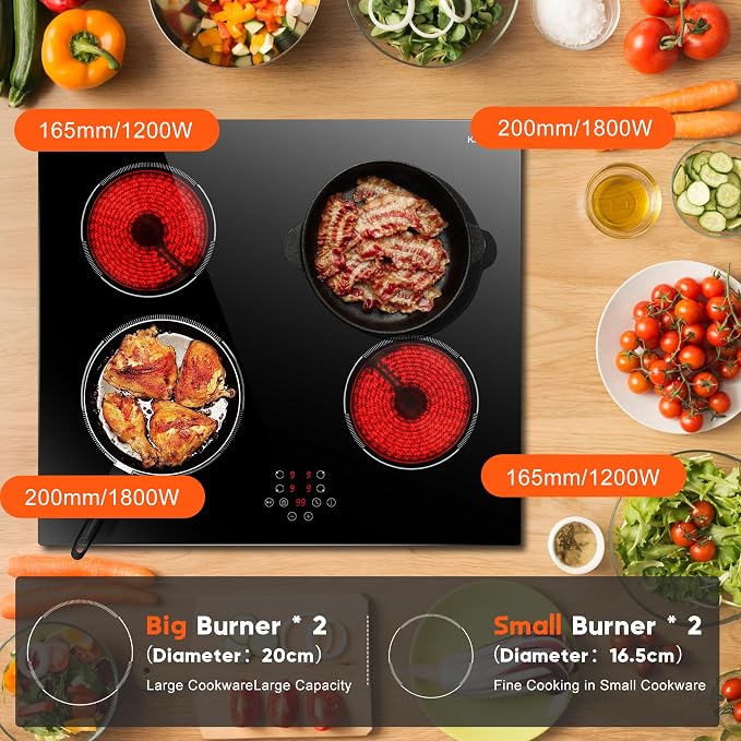 24 Inch Electric Cooktop Built in Electrics Stove Top, 4 Burner Electric Stove, Touch Control, 6000W, 9 Power Levels, Safety Lock, Timer, Pause Function, 240V Hard Wire(No Plug)