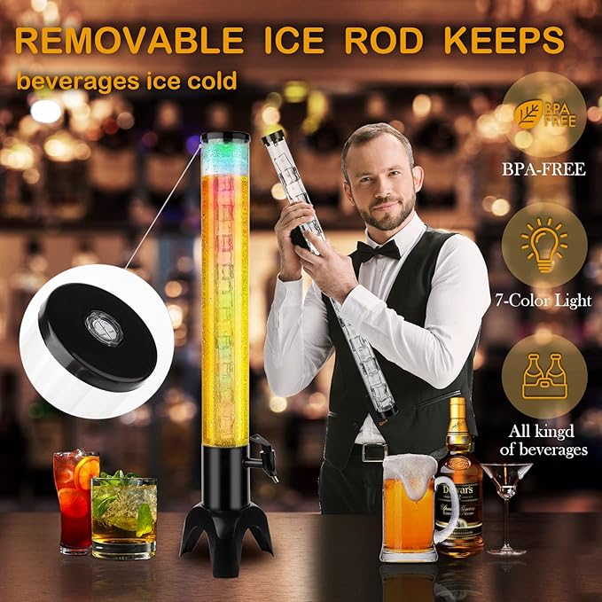 2pcs Beer Giraffe Dispenser, 100oz/3.2 qt Mimosa Tower Dispenser with Ice Tube and LED Light, 3L Tabletop Drink Tower Dispensers for Beer, Margarita, Liquor, Beverage