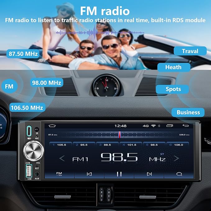 Single Din Car Stereo with Wireless Apple CarPlay & Android Auto, 6.5" IPS Touchscreen Bluetooth, Single Din Car Radio with Backup Camera, GPS Navigation, USB/Type-C, FM/AM, EQ, AUX, MIC