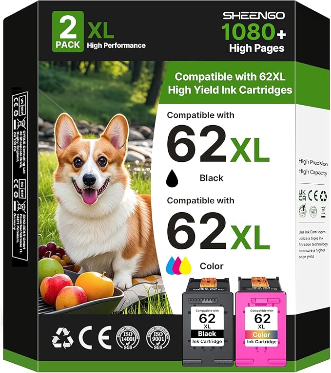 62XL Ink Cartridges Black and Color Replacement for HP Ink 62 for HP 62XL Ink Cartridge Combo Pack Fit for Envy 5540 5544 5545 5660 5664 7640 7645 OfficeJet 200 250 250 5740 8040 Series | N9H64FN