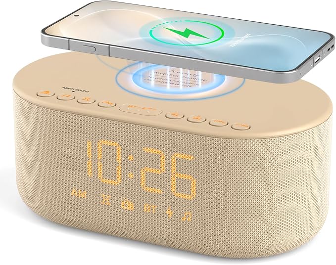 DreamSky Bedroom Radio Alarm Clock with Wireless Charger for Samsung iPhone | Bluetooth Speaker, Loud Alarm for Heavy Sleepers, FM Radio with Sleep Timer, 0-100% Dimmer, 9 Alarm Sounds & 16 Volumes, USB
