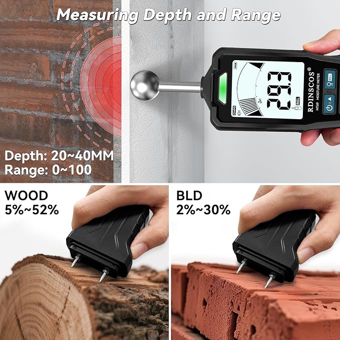 RDINSCOS 2-in-1 Pin & Pinless Moisture Meter | Digital Moisture Detector, For Wood, Drywall & Building Materials, Adjustable Alarm Threshold,3-Color Indicator