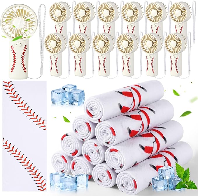 Retisee 24 Pcs Baseball Cooling Towel Mini Portable Fan Set 32 x 12 Inch Workout Towels Handheld Battery Powered Fan Sporting Baseball Gifts for Summer Team Gift Travel Camping Makeup Yoga Running