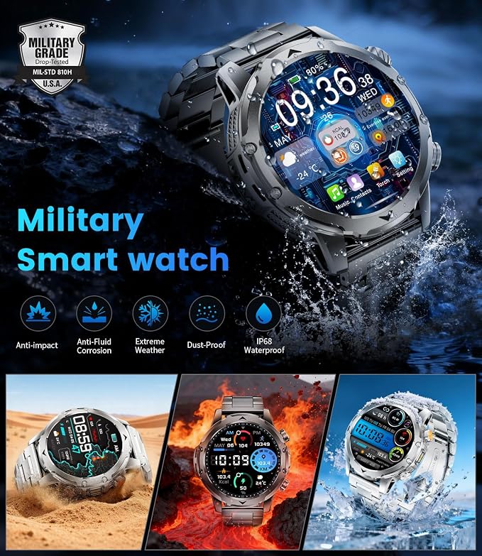 2026 Smart Watches for Men with 1000 mAh, 1.53" HD Display Military Smart watch, LED Torch, Answer/Make Calls, 120+Sports Modes, Heart Rate, Sleep Monitor, SpO2, IP68 Waterproof, iOS Android(3 Straps)
