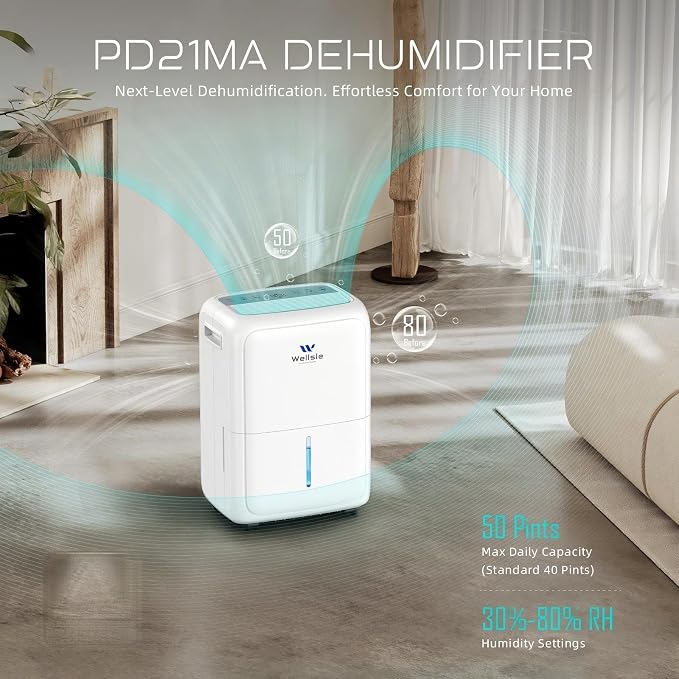 3500 Sq. Ft Dehumidifier for Home & Basement with Drain Hose, Max 52 Pint Dehumidification with Larger 1.59 Gallon Water Tank, Smart Efficient Humidity Control