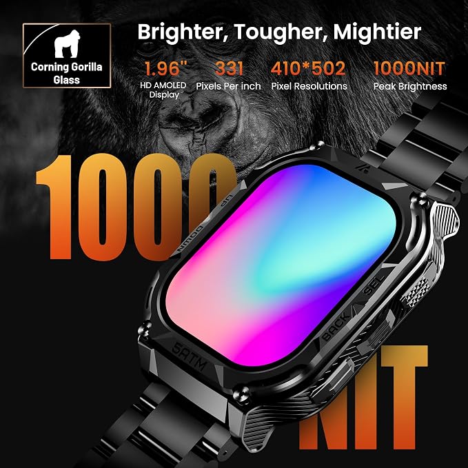 AMAZTIM Smart Watch with GPS - Rugged Outdoor Fitness Watch, 170+ Sports Modes, 5 ATM Waterproof, 1.96" AMOLED, Answer/Make Calls, Android & iOS Compatible (2 Straps)