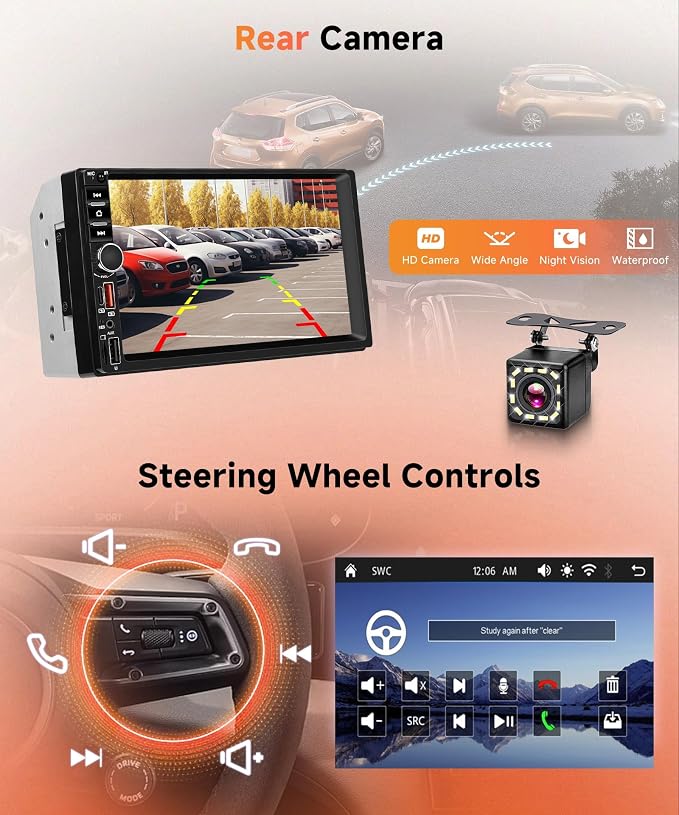 Rimoody Double Din Car Stereo, 7 Inch Touch Screen Wireless Carplay & Android Auto, Car Radio with Bluetooth/FM/EQ/SWC/MIC, Backup Camera Included, USB/AUX/TF/Type-C Car Audio Receiver
