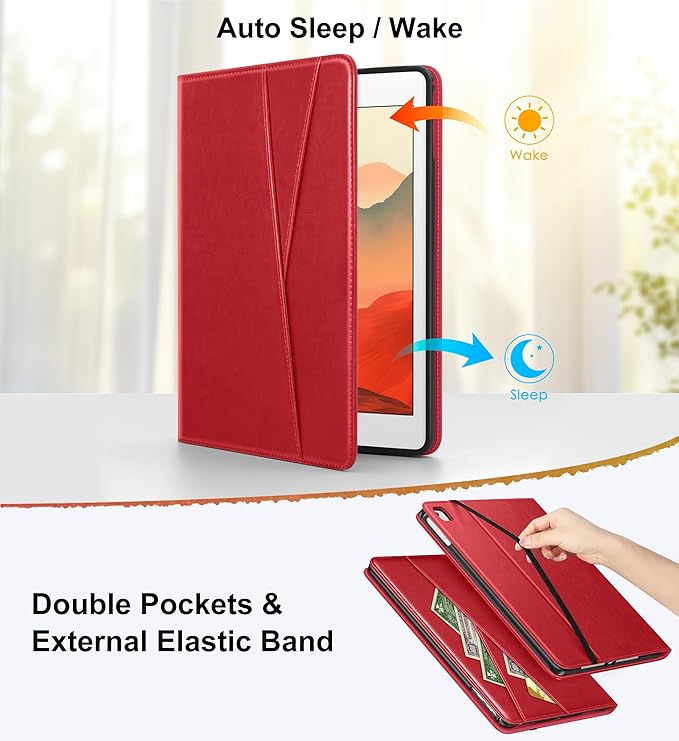 DTTO for iPad 6th / 5th Generation 9.7 Inch (2018/2017), iPad Air 2 / Air 1 Case, 360 Degree Rotating Premium Leather Folio Stand Cover with Pencil Holder, Red