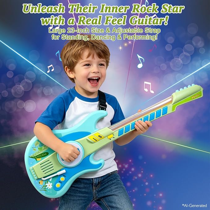 Sealive Kids Electric Guitar Toy for Toddlers 3-5, 23 Inch Childrens Guitar | with Strap for Play Guitar, Pretend Concerts, Stage Performance, with Strumming Bar, Tremolo Bar, Light Up Music, Blue