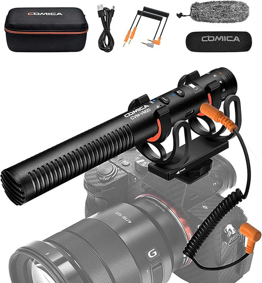 COMICA VM20 Shotgun Microphone, Super-Cardioid Camera Microphone with Rycote Shockmount, Windscreen, Wind Muff, OLED Power Display, Video Mic for Smartphones, DSLR Cameras, Camcorders, Laptops
