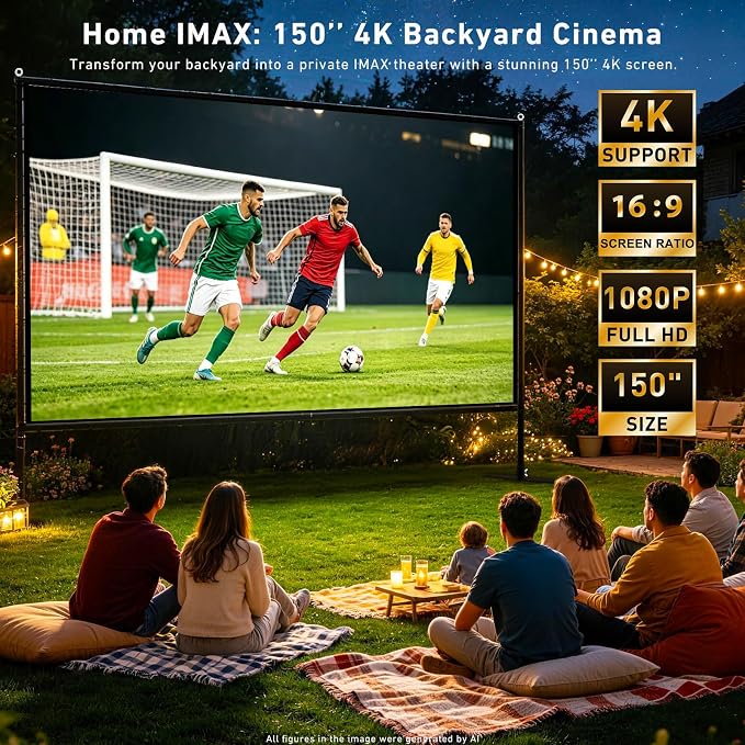 150 inch Projector Screen with Stand, 16:9 4K HD Portable Outdoor Movie Screen, Wrinkle-Free Foldable Indoor Projection Screen with Carry Bag & Ground Nails for Backyard Cinema Home Theater