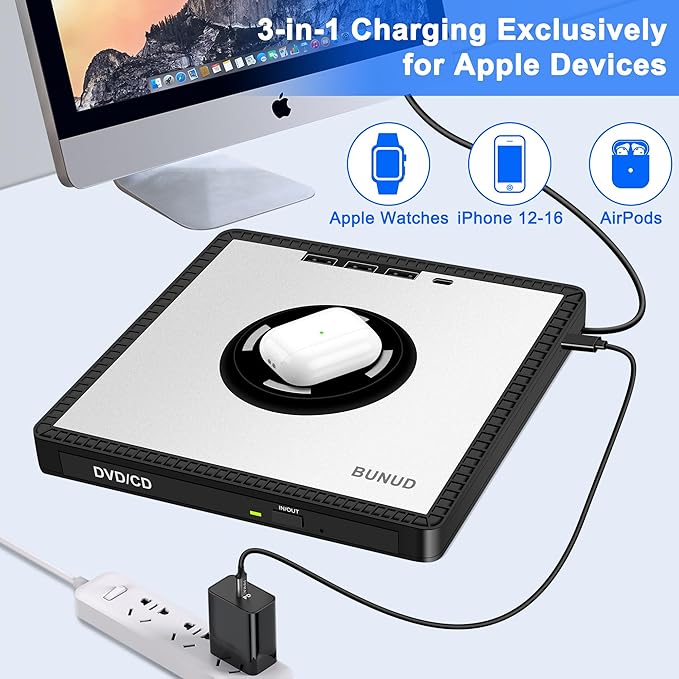 BUNUD External CD/DVD Drive for PC: DVD Burner with 15W Fast Wireless Charger for AirPods 4 3 2 Pro - External DVD Player for Laptop Mac Apple Windows with SD/TF/3 USB Ports