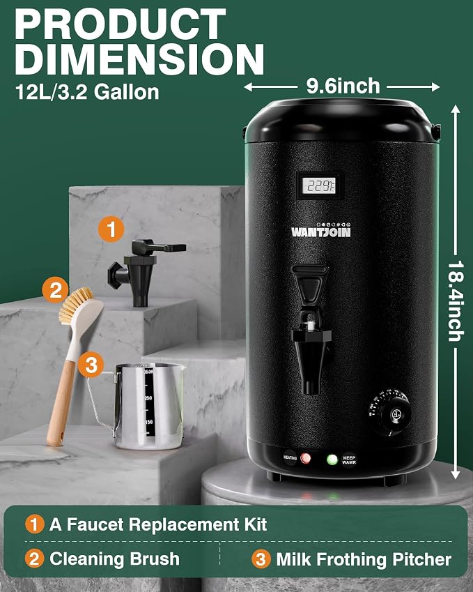 WantJoin Electric Heating Beverage Dispenser-75 Cup Hot&Cold water Urn-Stainless Steel Premium 12 L/3.2 Gallon Hot Drink Dispenser with Spigot for Coffee & Hot tea,Cold Milk,Water,Juice(Black)
