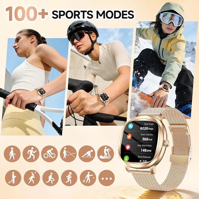 Smart Watch for Women, 1.72" Fitness Tracker with Answer/Make Calls, Sleep/Heart Rate Monitor, Smartwatch for Android iOS Support 100+ Sports Modes, IP68 Waterproof, Fitness Watch with 2 Band (Gold)