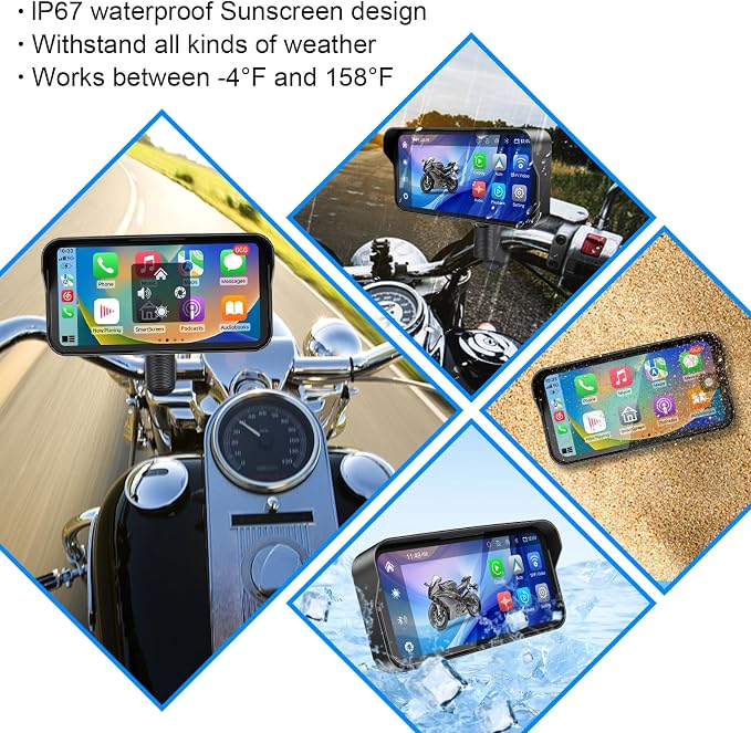 6.25" Motorcycle Carplay with GPS Navigation System, IPS Waterproof Touchscreen, Inculed SD-128GB, TPMS, HD Touch Screen Auto and Dual 1080P Camera/Dash Cam, Support iOS/Android, BT, Siri