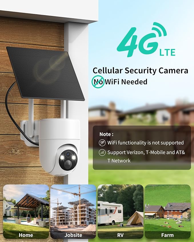 LIWAN 4G LTE Cellular Security Cameras Wireless Outdoor, 2K Off-Grid Cam | 2-Pack No WiFi Security Camera with SIM Card, Solar Powered, Color Night Vision, 360° View for Farm, Cabin, Construction Site