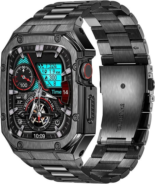 BAITEYOU Stainless Steel Watch Band with Case Compatible with Apple Watch Series SE 3 2 1/6 5 4 (40mm) Series 9 8 7 3 2 1 (41mm 38mm), Metal Protective Bumper Cover for iWatch Bands Men (Black)