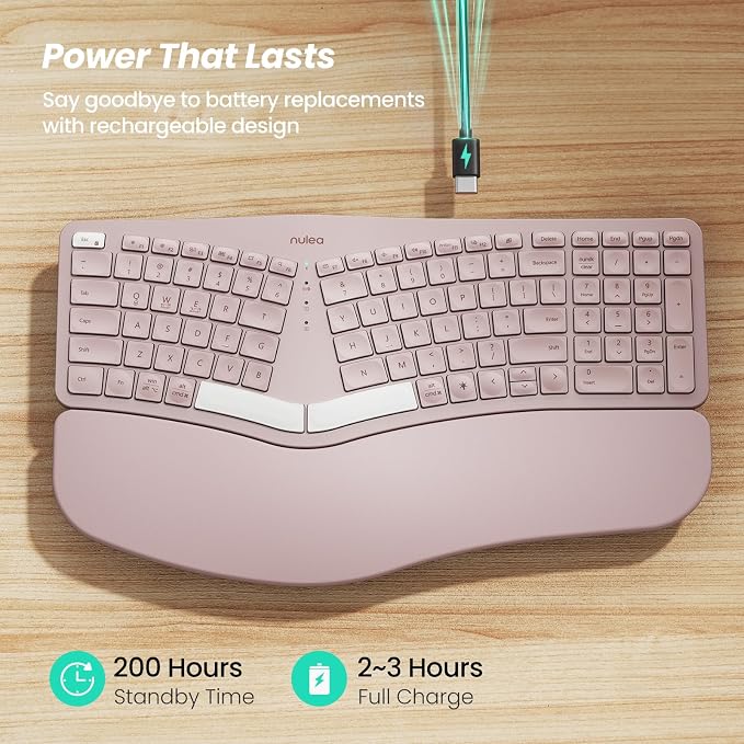 Nulea RT05 Wireless Ergonomic Keyboard, Split Keyboard with Wrist Rest, USB-C Charging, 7-Color Backlight, Natural Typing, Bluetooth and USB Connectivity, Compatible with Windows/Mac(Pink)