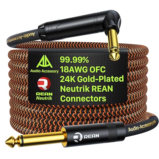 AA AUDIO ACCESSORY Pro Series Guitar Cable 20 ft, Gold-Plated Neutrik REAN Connector, 18 AWG 99.99% OFC, Low Capacitance Straight to Right Angle 1/4 Inch Instrument Cable for Fender Ernie Ball Mogami