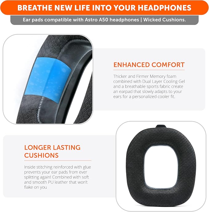 WC Mod Kit A50 - Cooling Gel Earpads + Headband Replacement for Astro A50 Gen 4, Gen 5 & A50X by Wicked Cushions | Enhanced Comfort, Cooling & Durability | Black