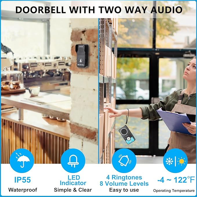 Wireless Doorbell with Speaker 2 Way Audio, Hands-Free Natural Conversation Door Bell Ringer Wireless, 1300Ft Range, 8 Level Volume, 4 Chimes, Battery Doorbell with Intercom for Home/Office/Classroom