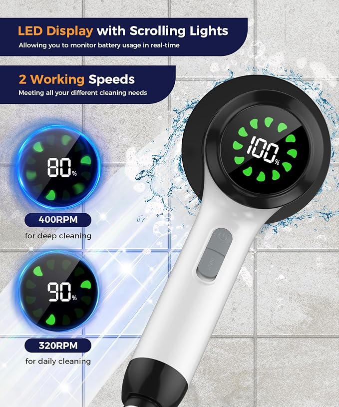 Electric Spin Scrubber, Cordless Cleaning Brush with 6 Replaceable Heads, Adjustable Long Handle, IPX7 Waterproof Lightweight Power Scrubber for Bathroom Tile Grout Tub Shower, White-le1