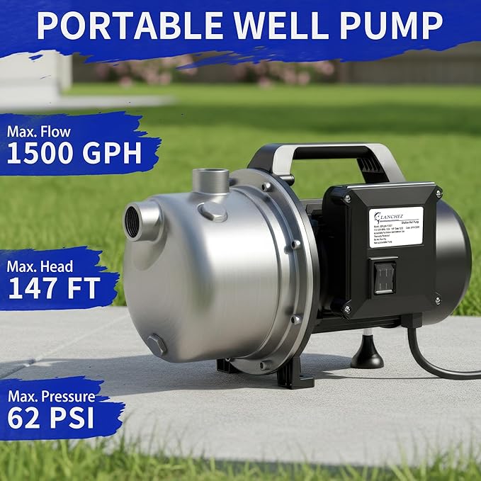 LANCHEZ Shallow Well Pump, Stainless Steel Garden Irrigation Pump, 115V Water Transfer Pump, Water Booster Jet Pump for Home Garden Lawn Farm, Black
