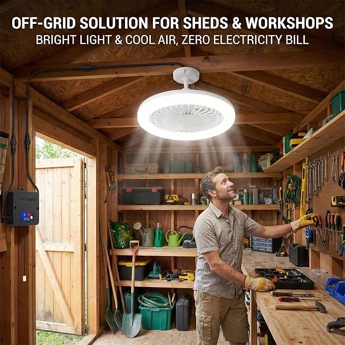 10.2 in Solar Ceiling Fan with Light Indoor Outdoor, Daytime Available Solar Shed Fan Light with Pull String, 3-in-1 Modes, IP65 Waterproof for Gazebo, Shed, Barn, Patio, Chicken Coop (1 Pack)