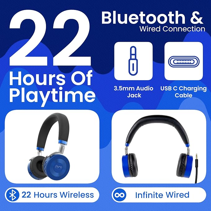 Puro Sound Labs JuniorJam Plus Volume-Limiting Wireless Bluetooth Headphones for Kids, Secure Audio with Adjustable On-Ear Design, 22-Hour Battery Life, Ideal for Tablets, Smartphones & PCs - Blue