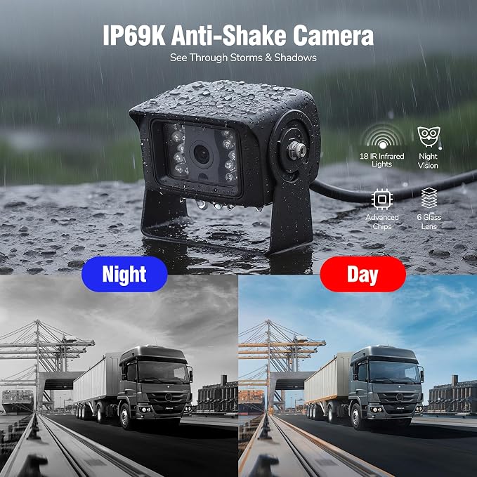 7" AHD1080P 2-Wired RV Backup Camera System, IP69K Waterproof IR Night Vision Reversing Cameras, Vibration-Proof 20G for Trailer/Tractors/Truck/Excavator/Caravan/Skid Steer/Heavy Equipment