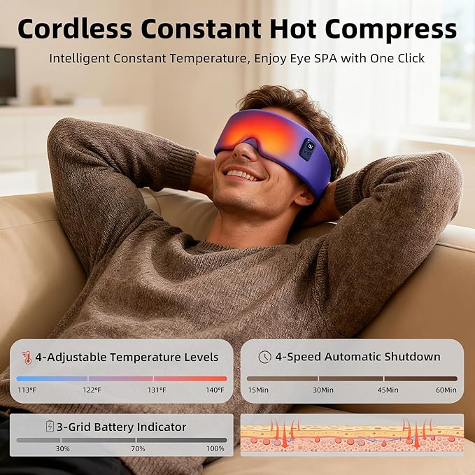 Heated Eye Mask for Dry Eyes, Cordless Warm Eye Compress 120-Min Battery, FSA - HSA Eligible, Eye Strain Relief, Washable Silk Travel Eye Mask with Extra Cover for Better Sleep (Pink & Purple)