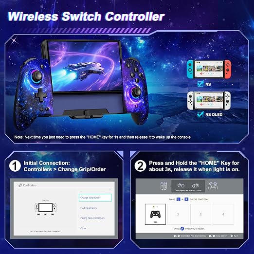 Gammeefy Switch Controller – Hall Effect Joysticks & Enhanced Grip – One Piece Switch Joypad Replacement Switch Pro Controller with 8-Color RGB Lighting, Turbo, Macros - Starry Sky, 6.2"/7"