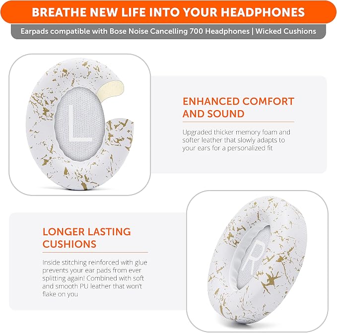 WC Wicked Cushions Upgraded Replacement Ear Pads for Bose 700 Noise Cancelling Headphones (NC700) - Softer PU Leather, Luxurious Memory Foam, Added Thickness, Extra Durable Ear Cushions |(Gold Marble)