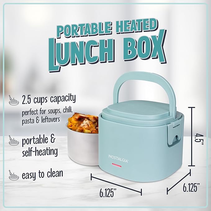 Nostalgia Portable Heated Lunch Box – 2.5-Cup Stainless Steel Food Warmer – Detachable Cord, Leak-Proof Lid, Carry Handle – Portable for Work & Travel – Chambray