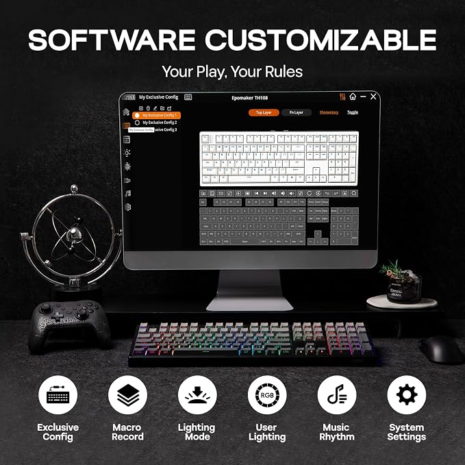 EPOMAKER TH108 Full Size Mechanical Keyboard, Wireless Gaming Keyboard with 8000mAh Battery, Creamy Gasket, 108 Keys, Hot Swap, Custom Driver, RGB Backlight (Black, Sea Salt Silent)