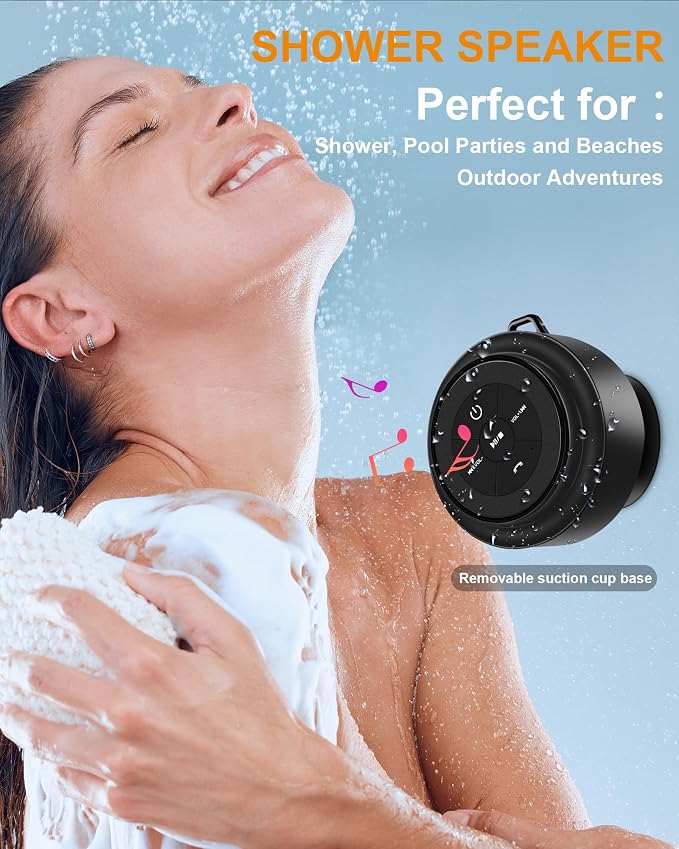 Bluetooth Shower Speaker, Portable Bluetooth Speakers, IP67 Waterproof Wireless Speaker with Suction Cup & Carabiner, Built-in Mic, True Wireless Stereo for Camping Travel,Electronic Gifts